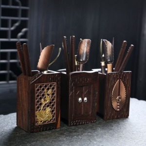 複古黑檀木雙色鑲嵌鏤空茶道六君子-DoubleBear