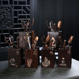 黑檀木禪意功夫青銅+紅銅茶道六君子-DoubleBear