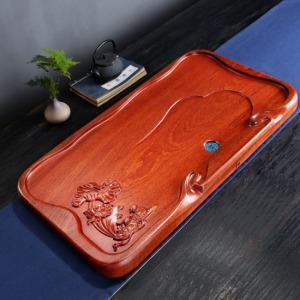 立體雕荷塘戲鴛鴦梨木茶盤_65*35-DoubleBear