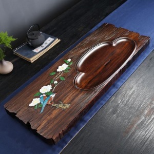 黑檀木立體浮雕玉蘭彩繪茶盤_72*28-DoubleBear