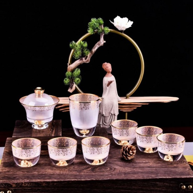 金箔雲霧無鉛人工吹製水晶茶具-DoubleBear