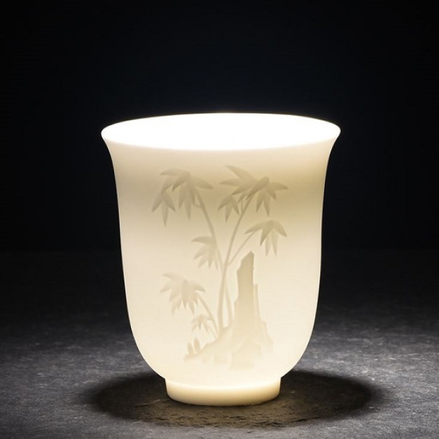 高級羊脂玉浮雕陶瓷品茗杯-DoubleBear