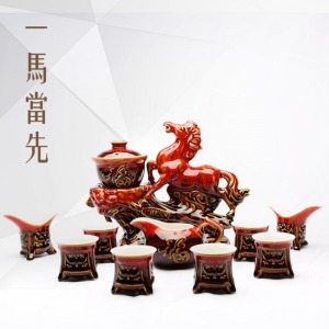 一馬當先窯變陶瓷石磨半自動茶具組-DoubleBear