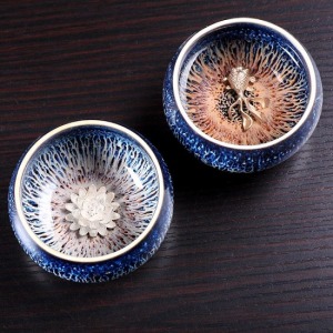 天目釉窯變陶瓷鑲銀品茗杯-DoubleBear