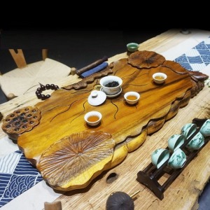 和氣生財根雕胡桃木茶盤_66*33-DoubleBear