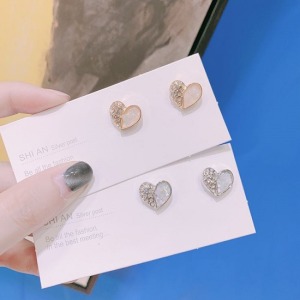 拼接小巧水鑽貝殼愛心925耳環-DoubleBear