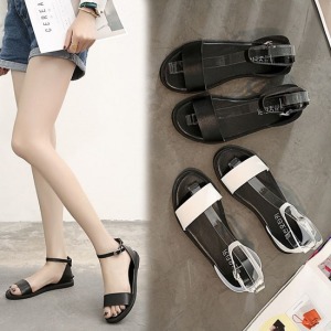 皮質一字黑白平底涼鞋-DoubleBear