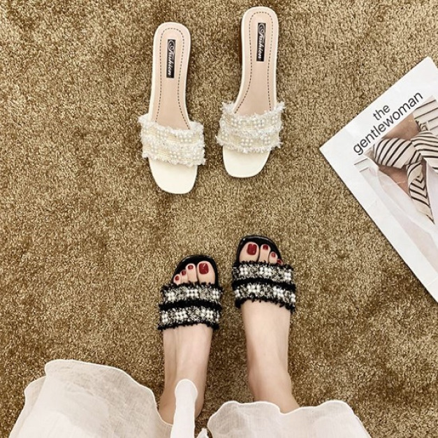 波西米亞風珍珠低跟涼拖鞋-DoubleBear