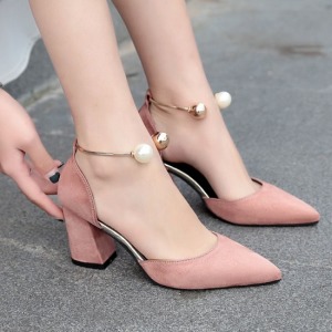 麂皮絨珍珠環粗跟鞋-DoubleBear