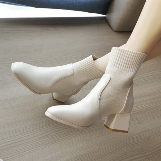 方頭針織彈力瘦瘦靴-DoubleBear