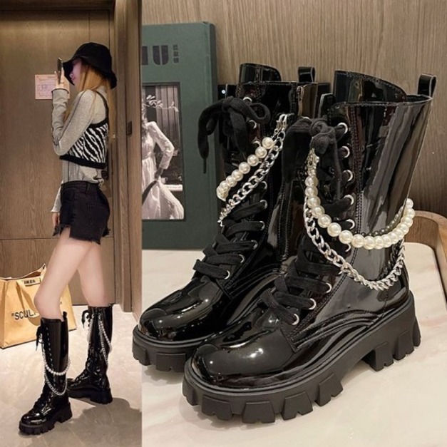 可拆式珍珠鍊條黑騎士靴-DoubleBear