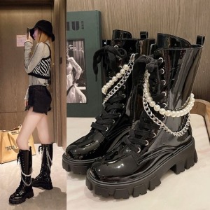 可拆式珍珠鍊條黑騎士靴-DoubleBear