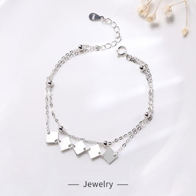 S925純銀方片圓珠雙層手鍊-DoubleBear