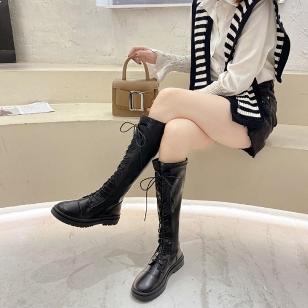 顯瘦綁帶黑騎士長靴-DoubleBear