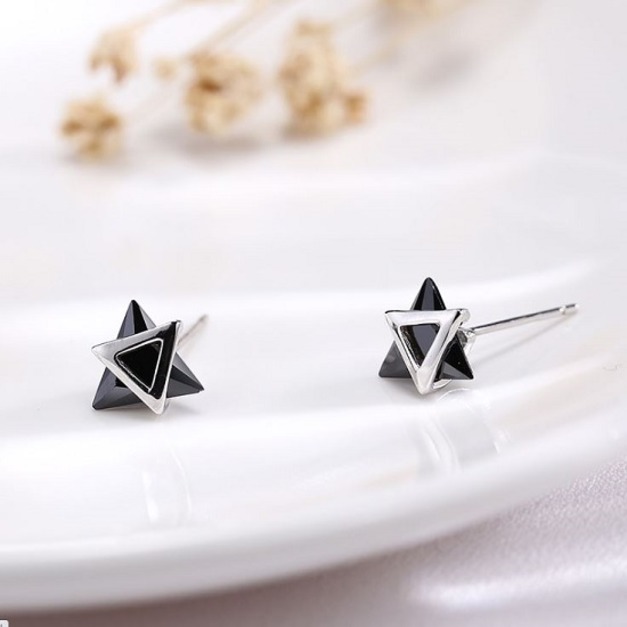 個性黑三角形S925純銀耳針-DoubleBear