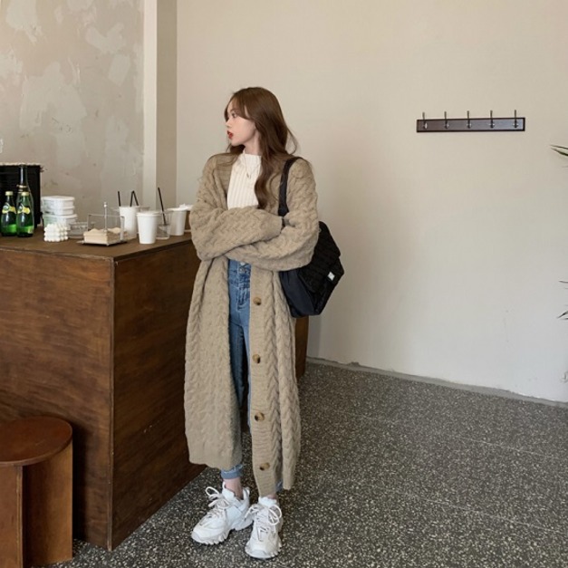 麻花長版針織大衣-DoubleBear