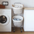 【日本霜山】碳鋼製移動式木柄雙層洗衣籃(附布套)