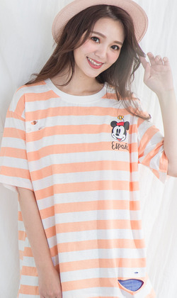 寬鬆百搭條紋卡通圓領T-shirt(4色)