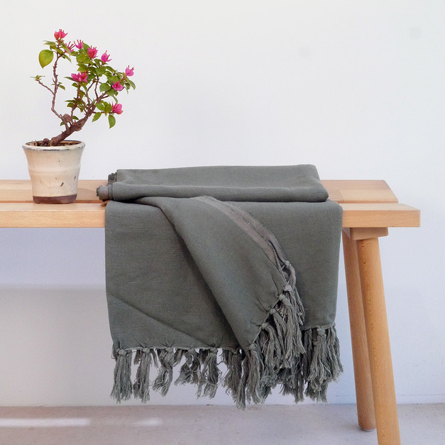 歐盟認證百分百法國面料高級亞麻混紡萬用毯(墨綠)