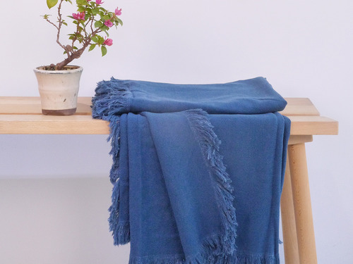 歐盟認證百分百法國面料高級亞麻混紡緹花毯(孔雀藍)