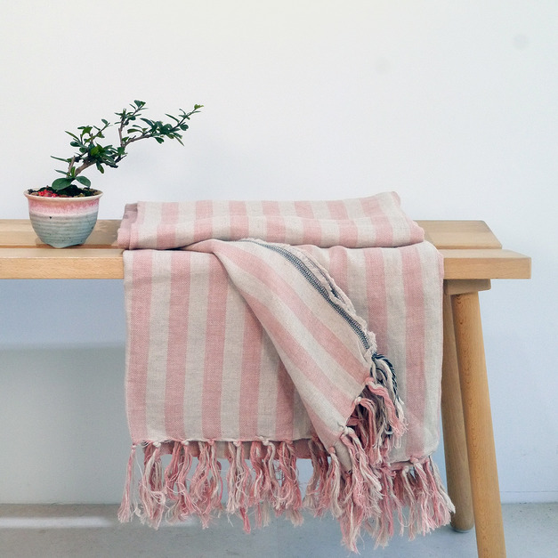 歐盟認證法國面料百分百純亞麻條紋毯(粉紅條紋)