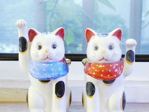 三花圓點圍巾招財貓成對(C)