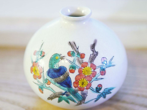 九谷燒龍山窯手繪冰裂梅花青鳥花瓶