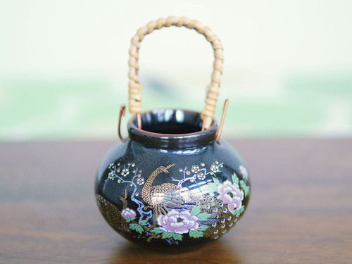 九谷燒竹提把小花器(鳳凰黑)