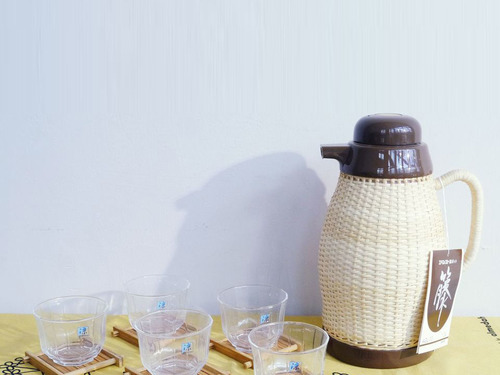 日本古物! 昭和 EVEREST手工藤編水壺玻璃杯禮盒組