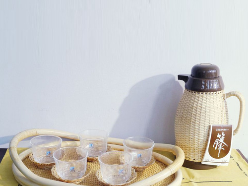 日本古物! 昭和EVEREST手工藤編水壺玻璃杯托盤禮盒組