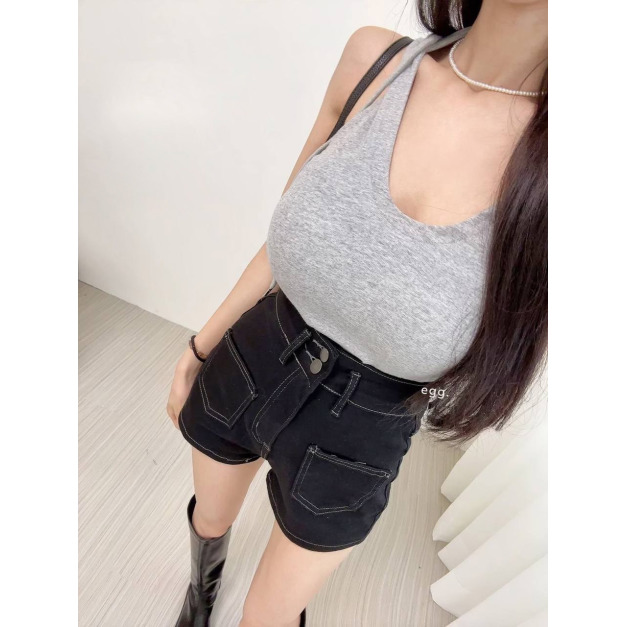 現貨｜韓版百搭車線高腰牛仔短褲