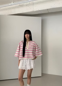 New 春.__v領橫條寬袖衣