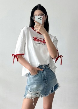 New 夏.__蝴蝶結綁帶配色英字上衣