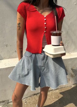 New 夏.__v領半釦開叉針衣