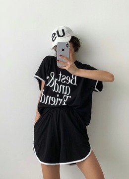 New 夏.__無肩線滾邊英字休閒套裝