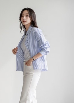New 夏.__寬鬆休閒條紋後刺繡襯衫