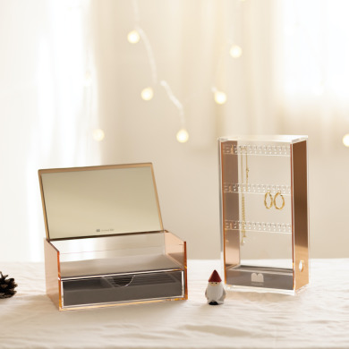 【超值組合】玫瑰金：防塵鏡面飾品收納組