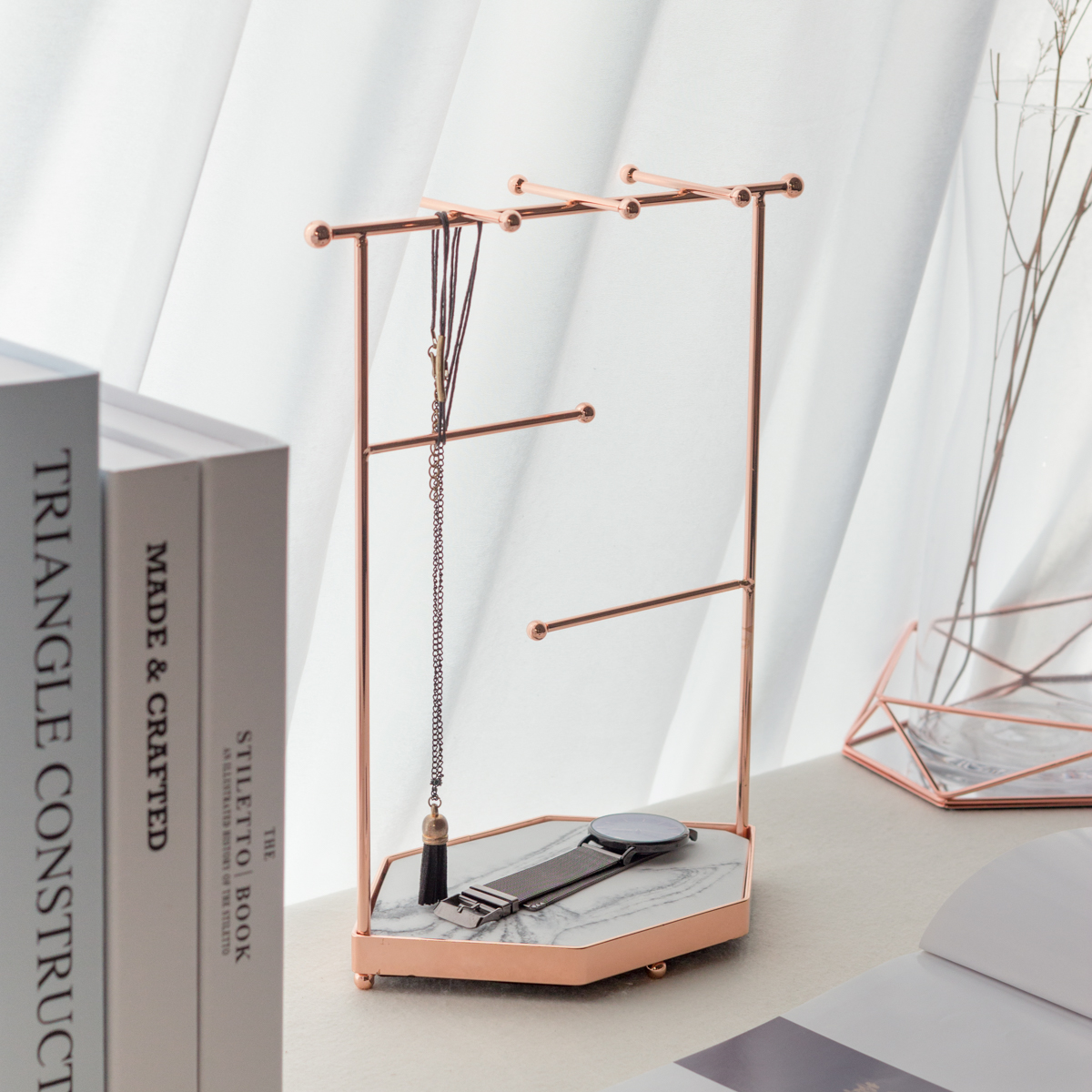 【匠子聯名】玫瑰金：六角飾品展示架（黑/白大理石款）