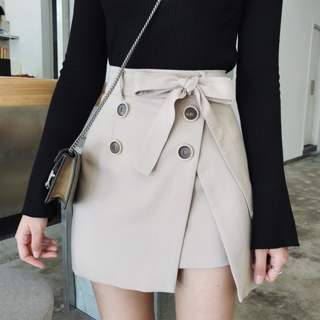 半身裙假兩件綁帶高腰裙子-JX17