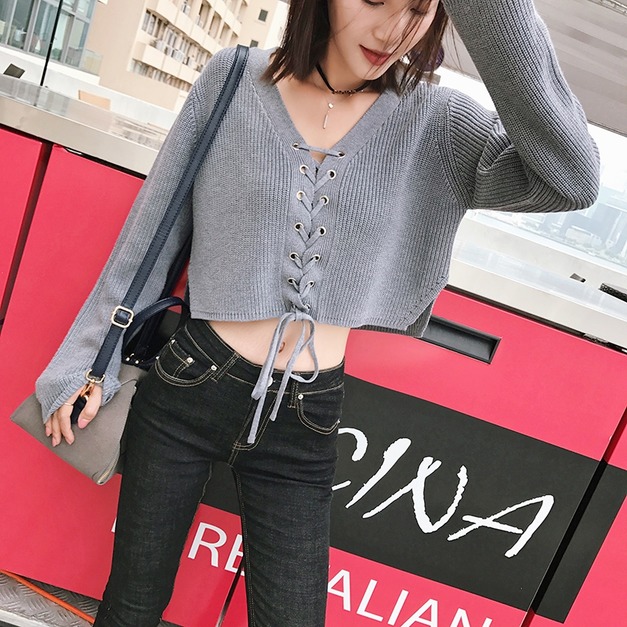 綁帶針織衣短款長袖薄款上衣-JR20