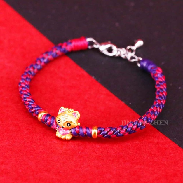 稻荷狐(桃紅)-狐狸黃金手鍊-絲質蠟線編織手鍊