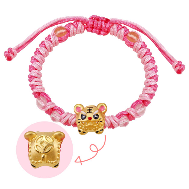 虎爺黃金彌月手鍊-粉紅色編織款