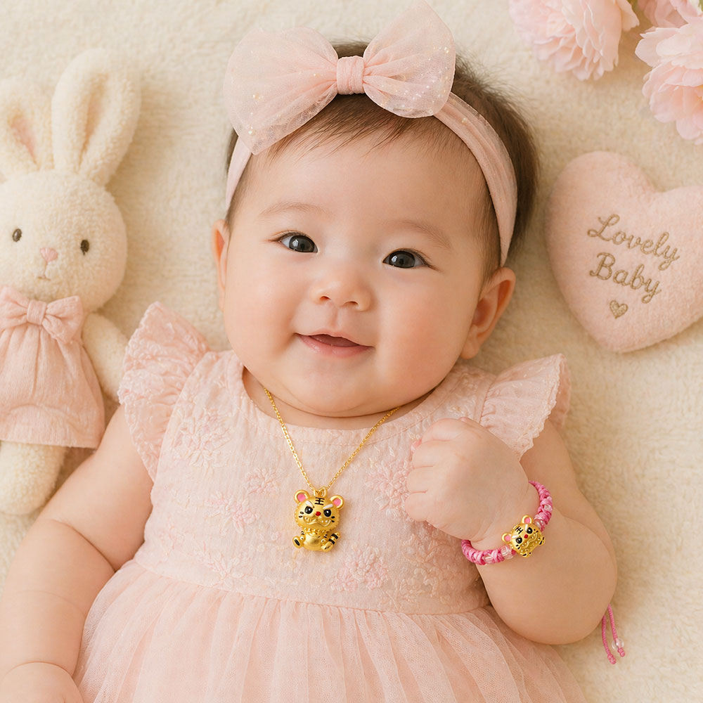 女寶寶搭配粉色虎爺手鍊