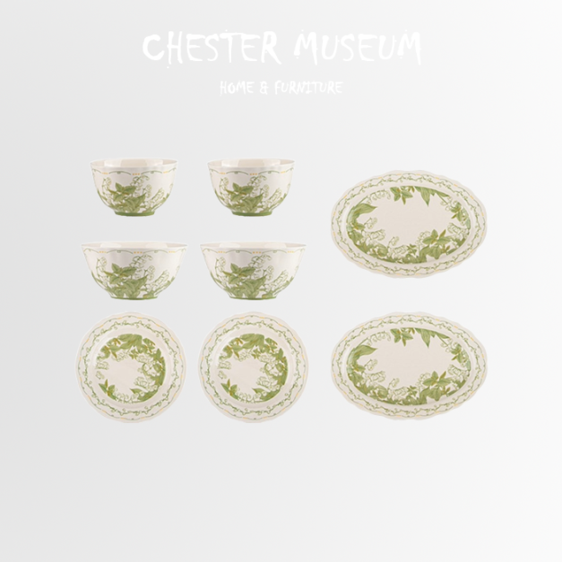 奶白綠葉碗盤組