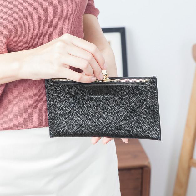 CHENSON 4卡2鈔 超薄牛皮長夾 黑(W00882-3)