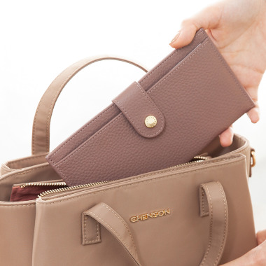 CHENSON真皮 超薄第四代 6卡極薄長夾 外側附獨立零錢袋 豆沙紫(W23449-U)