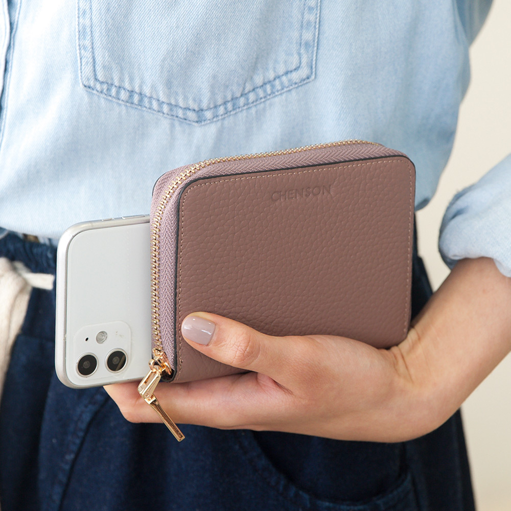 CHENSON真皮 6卡行照零錢夾零錢包 豆沙紫(W20205-U)