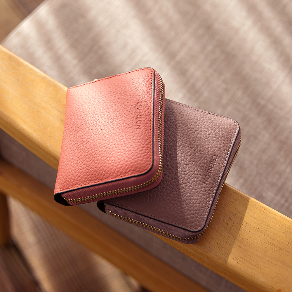 CHENSON真皮 6卡行照零錢夾零錢包 梅粉(W20205-P)