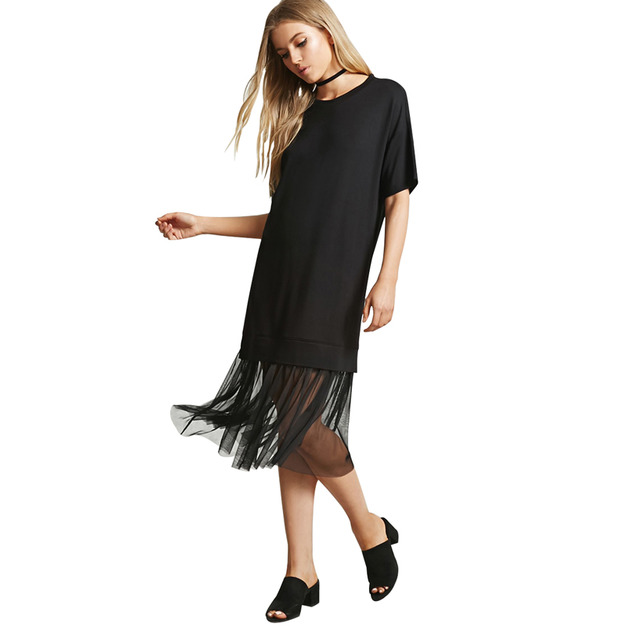 休閒下擺薄紗拼接圓領短袖洋裝
