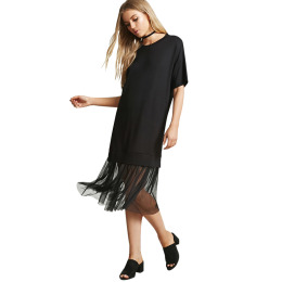 休閒下擺薄紗拼接圓領短袖洋裝